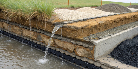 Cross section of biofiltration drainage system showing layered soil, gravel, sand, and vegetation for stormwater management and water filtration, promoting sustainability