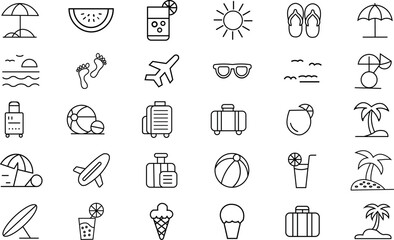 Entertainment Vector Icon Set   Beach, vacation, summer, travel, holiday, suitcase, umbrella, ice cream, airplane, palm tree, sun, sunglasses, juice, flip-flop, leisure icons