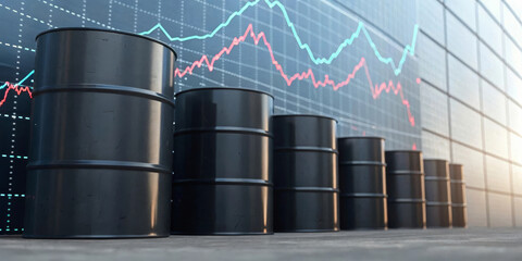 Black oil barrels are lined up in front of digital financial chart showing fluctuating price trends, symbolizing energy market volatility and economic analysis