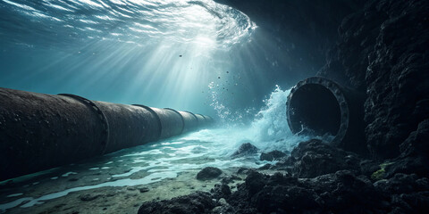 Underwater perspective of drainage pipe releasing water into ocean, sunlight streaming through clear blue water, rocky seabed, environmental impact concept