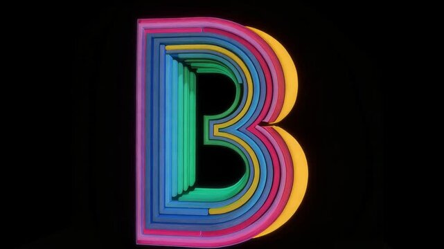 A vibrant, layered letter 'B' constructed from colorful stripes against a black background. It has a 3D effect with depth and dimension