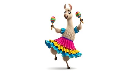 Energetic cartoon llama wearing a ruffled skirt and shaking maracas. Festive and fun dance character on white background.
