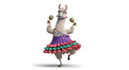 Energetic cartoon llama wearing a ruffled skirt and shaking maracas. Festive and fun dance character on white background.