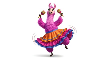 Energetic cartoon llama wearing a ruffled skirt and shaking maracas. Festive and fun dance character on white background.