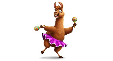 Energetic cartoon llama wearing a ruffled skirt and shaking maracas. Festive and fun dance character on white background.