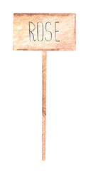Bamboo plant labels with hand written text rose, sign tags for vegetable and floral garden. Wooden T-type markers plant tags for potted plants and flowers