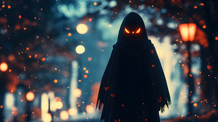 Hooded figure with glowing eyes stands in a mystical, lantern-lit street at night
