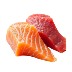 Salmon and tuna steak on white background