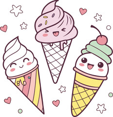 Cute Ice Cream Cones with Smiling Faces and Sprinkles - Whimsical and Playful Dessert Illustration for Sweet-Themed Design Projects