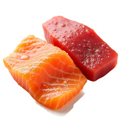 Salmon and tuna steak on white background