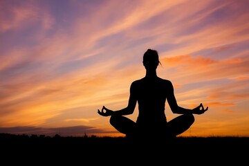 &ldquo;Silhouette of Woman Meditating at Sunset &ndash; Peaceful Yoga Pose for Mindfulness, Calm, and Inner Balance&rdquo;