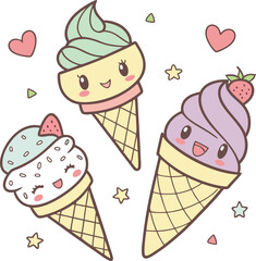 Charming Cartoon Ice Cream Set with Cute Faces and Sprinkles - Adorable and Whimsical Dessert Illustration for Fun and Playful Design Projects