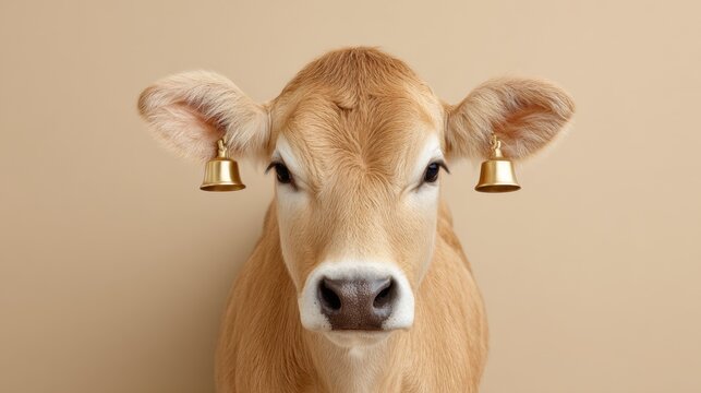 Close-up of a light brown cow with bright eyes wearing gold bells as earrings against a plain background conveying an interesting concept