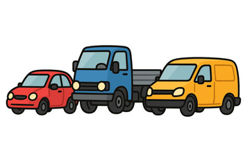 Naklejka premium A cartoon passenger car, lorry, and van are depicted for illustration purposes