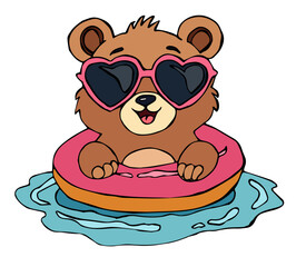 Vector fashion design for children t-shirt. 
Cute teddy bear in sunglasses 
with inflatable ring swims on wave
isolated on white background. Cartoon print for fabric, clothing for boy and girl.