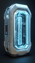Futuristic cylindrical device with illuminated blue elements and a central glowing core