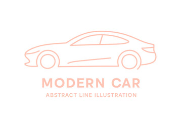 Obraz premium The abstract line illustration of a modern car is designed for cards, flyers, and other materials, showcasing a sleek auto silhouette on a bold red background with vector text outlined