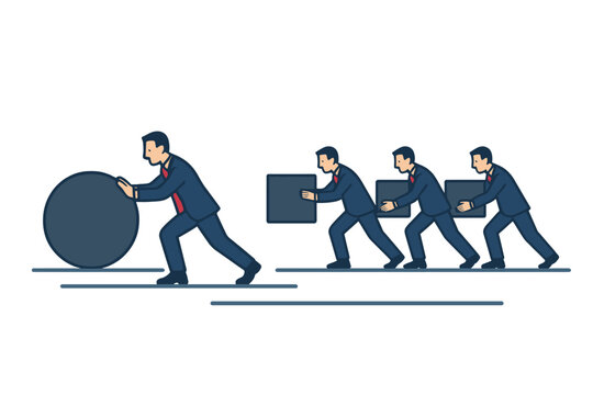 A businessman is in the lead, propelling a sphere, while others lag behind, struggling with boxes