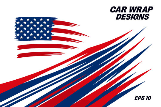Abstract American flag and sport background car wrap decal designs for use as racing livery or daily car vinyl stickers, provided in full vector EPS