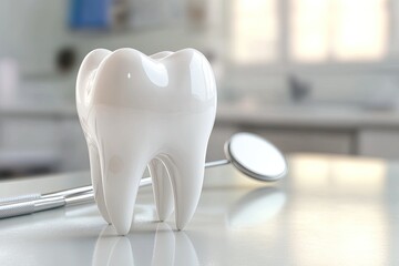 3D model of a tooth on a table with dental tools