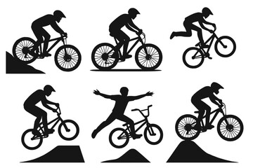 Obraz premium Vector silhouette collection showcasing bicycles for downhill, cross country, freeride, trial, slopestyle, dirt jump, BMX, and mountain biking
