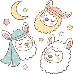 Sleepy Alpaca Faces with Night Sky and Crescent Moon Illustration - Charming Cartoon Animal Art for Children's Room Decor and Bedtime Themes