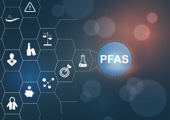 PFAS Hexagonal Network Structure Infographic Template. Professional PFAS network infographic with interconnected hexagon icons. PFAS concept. Businnes presentation, marketing. Vector illustration