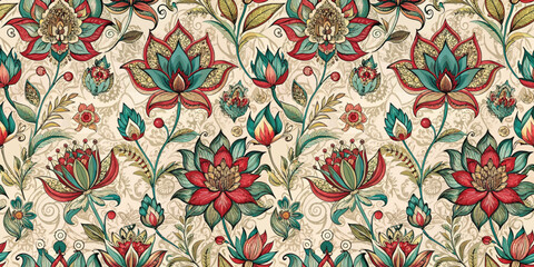 Intricate floral pattern with vibrant colors on a light background.