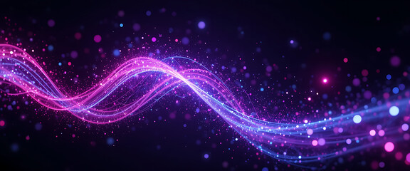 Fototapeta premium Abstract single twisted line in dark purple, pink, and blue shattering lights spread in shimmering style, glowing radium points, intricate details, clean, 