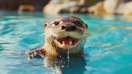 Playful otter in clear blue water, smiling, head and shoulders visible.
