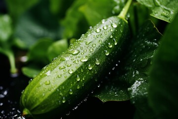 One fresh cucumbers on the stem have water droplets on them.