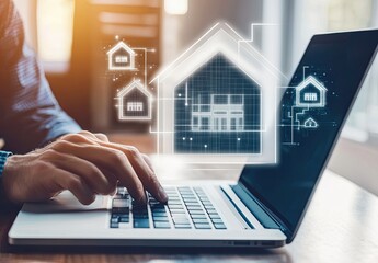 A person using a laptop, overlaid with a digital house blueprint