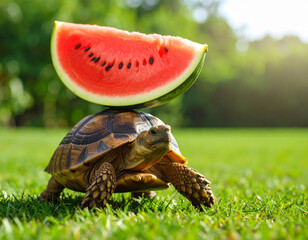 Turtle balancing a slice of watermelon on its head while walking slowly over grass.