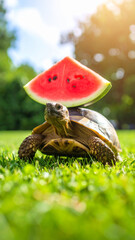 Turtle balancing a slice of watermelon on its head while walking slowly over grass.