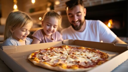 Joyful Moment of Man and Little Girl Sharing Excitement over Pizza