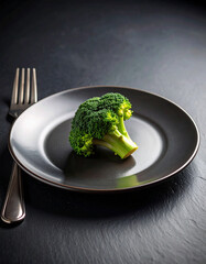 A dramatic zoom-in on a single, untouched piece of broccoli on a plate, conveying extreme disdain.