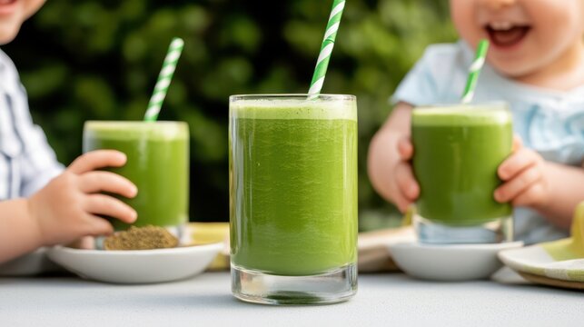 Two Children Enjoying Healthy Green Smoothies at a Bright Table Scene