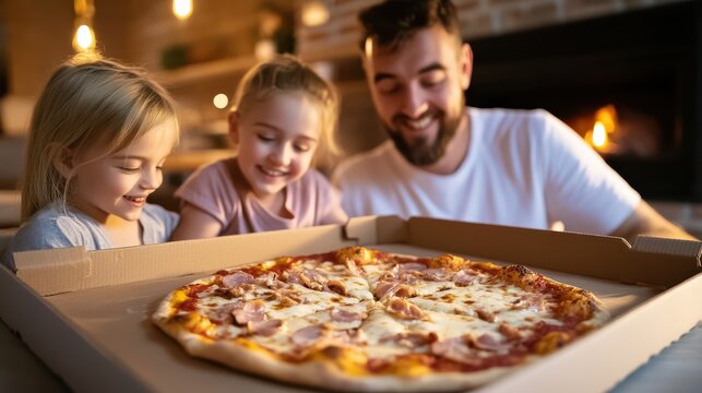Joyful Moment of Man and Little Girl Sharing Excitement over Pizza