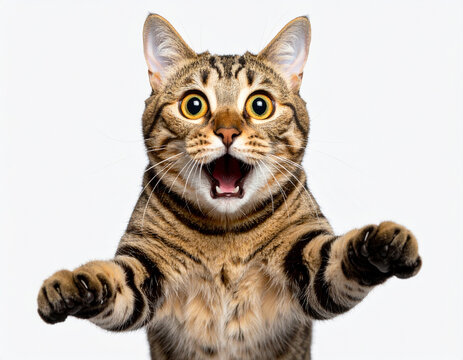 A startled cat is caught mid-air, with an exaggeratedly wide-eyed expression of shock and surprise.
