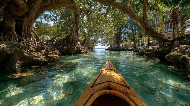 Mangrove tunnels at high tide, kayak perspective under tangled roots, coastal ecosystem scene for environmental education, kayaking brochures, and conservation posters.