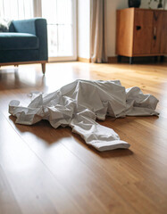 A discarded piece of clothing on the floor forms a shape resembling a dramatically sprawling,...