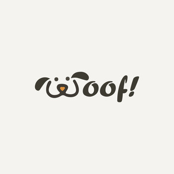 Woof Typography Dog Logo with Minimal Mascot Face for Pet Business