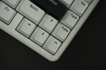 Arrow keys on a mechanical keyboard with a monochrome (black and white) theme with a black...