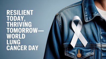 World Lung Cancer Day celebration highlights resilience and hope with a white ribbon on a denim jacket. World Lung Cancer Day