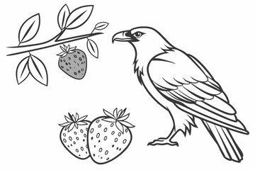 Eagle and Strawberries Coloring Page: Nature and Fruit Illustration