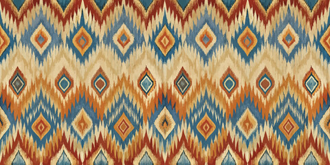 Colorful geometric patterned textile featuring rich earth tones and vibrant blues.