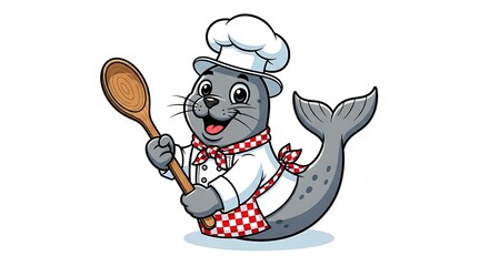 Cartoon seal chef with a tall hat and wooden spoon. Cute cooking animal character on white background.