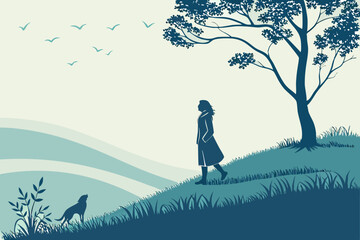  Girl and Dog Walking in Nature: Peaceful Landscape Silhouette