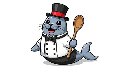 Cartoon seal chef with a tall hat and wooden spoon. Cute cooking animal character on white background.