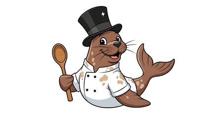 Cartoon seal chef with a tall hat and wooden spoon. Cute cooking animal character on white background.